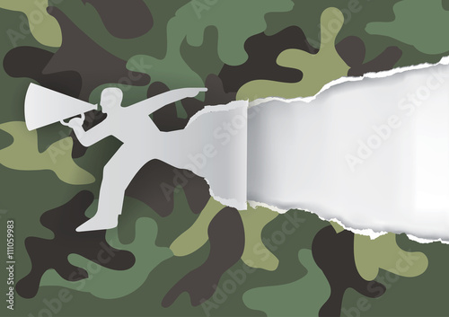 Man with megaphone camouflage background.
Man advertises or sells shouts in a megaphone on the camouflage background. Template for a original advertisement. Vector illustration

