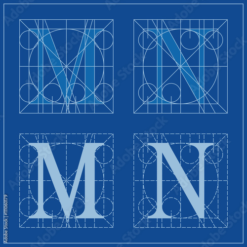 Designing Initials, letters M and N, blueprint.