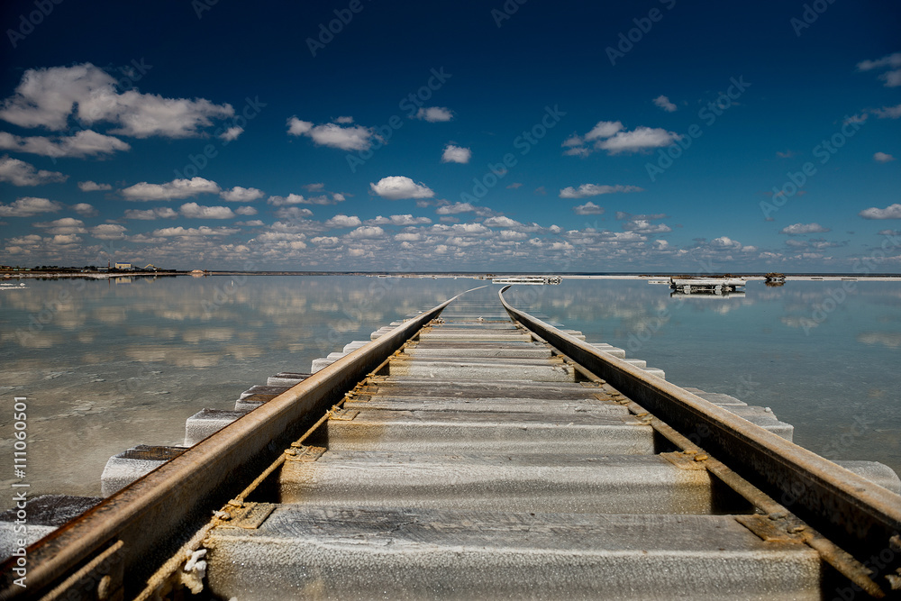 Fototapeta premium The railroad at lake Baskunchak