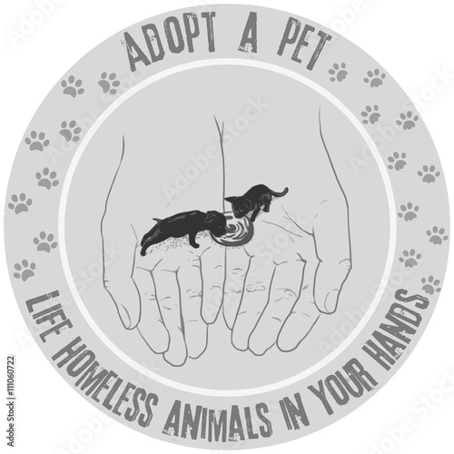 Adopt a Pet. Life homeless animals in Your Hands. Hand drawn dog and a cat on the hands/Pet adoption concept. Adopt Poster with Hand Painted Puppy and Kitten