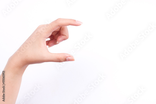 finger hand symbols isolated concept woman hand holding a futuristic business card or camera or mobile phone on white background