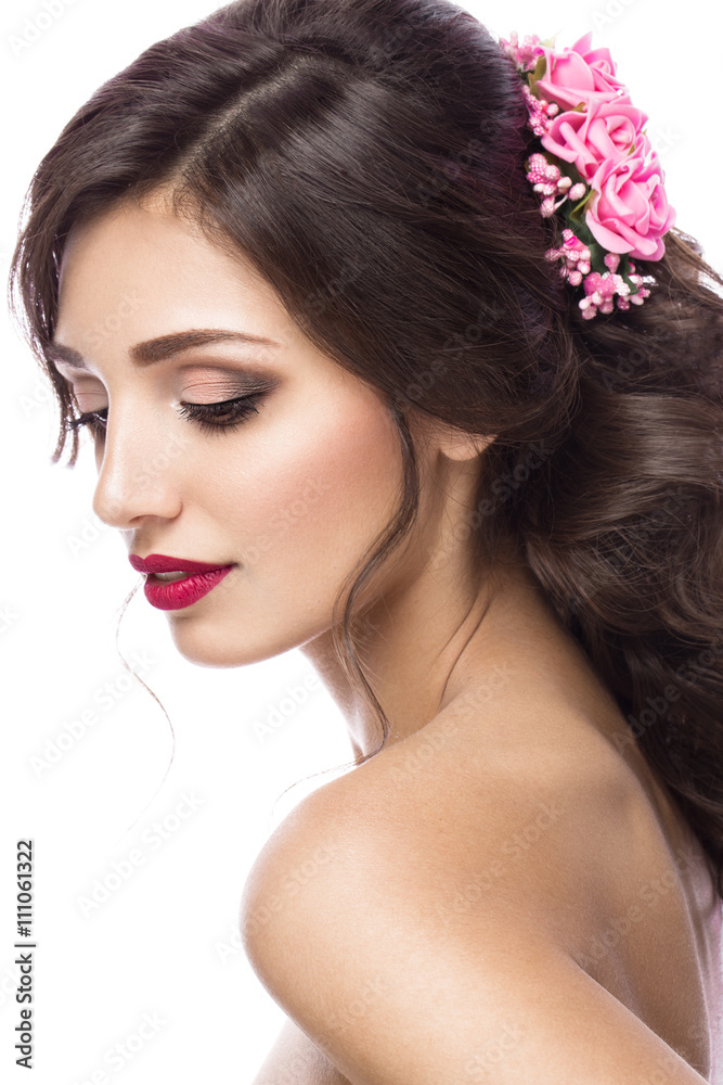 beautiful girl in image of the bride with purple flowers on her head. Beauty face. beautiful girl in image of the bride with purple flowers on her head. Beauty face.