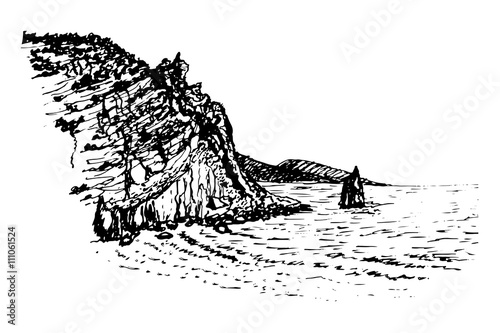 drawing landscape view on the rock sail near the Swallow's Nest, ink sketch hand-drawn vector illustration