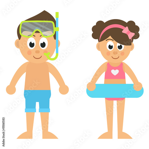 cartoon girl and boy at the sea set