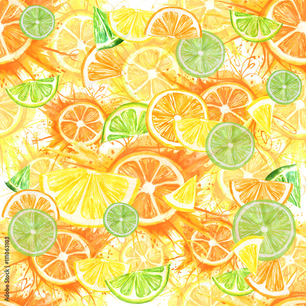 Акварельный паттерн, фон - цитрус, дольки апельсина, лимона, лайма