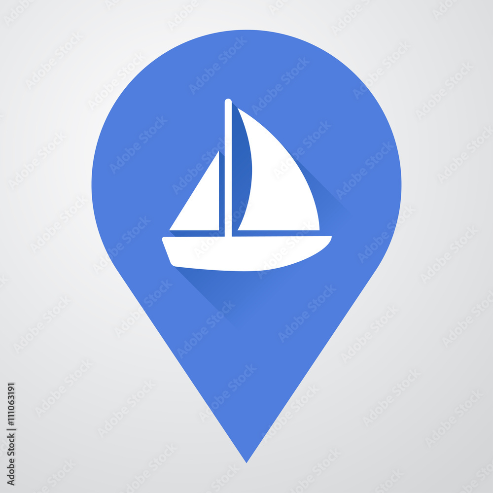Icono plano localizacion con velero con sombra Icono plano localizacion con velero con sombra