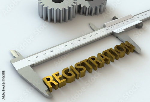 REGISTRATION, message on vernier caliper, 3D rendering