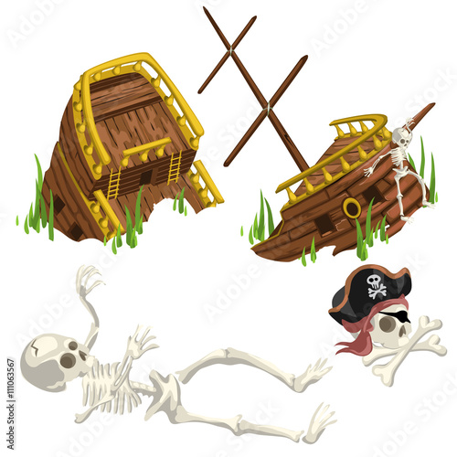 Ancient ruined ship and skeleton pirate