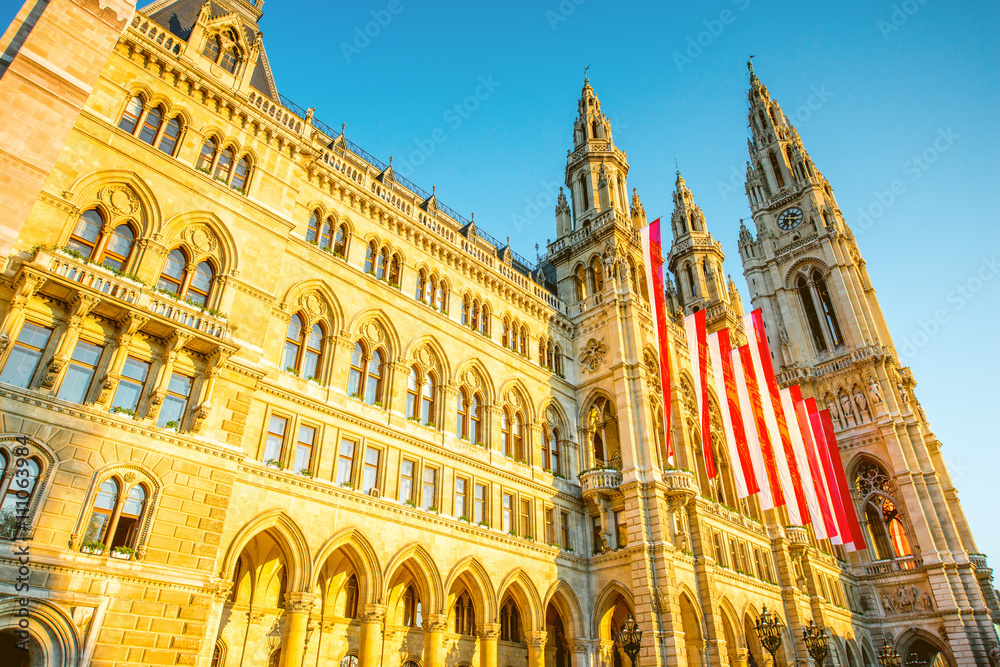 Fototapeta premium View on Rathaus city hall with austrian flags in Vienna on the sunrise