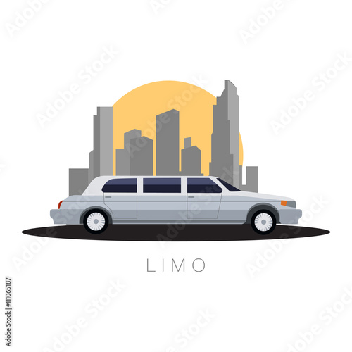 Flat design vector illustration  Transportation, limousine on sity background, side view. 