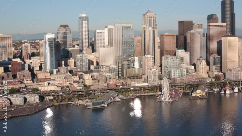 Aerial Seattle Downtown Waterfront Skyline Cityscape Skyscapers and Piers Aerial Seattle Downtown Waterfront Skyline Cityscape Skyscapers and Piers