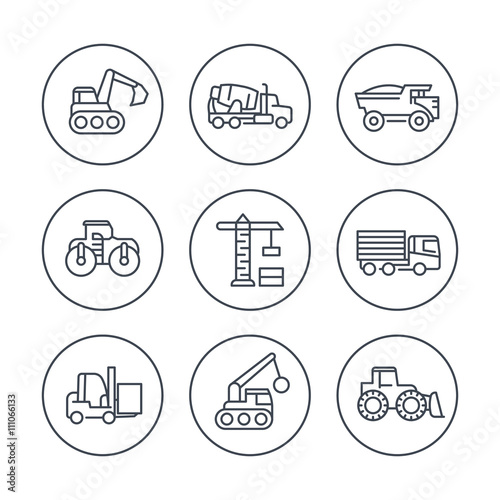 construction vehicles line icons in circles, heavy machines, construction equipment, vector illustration