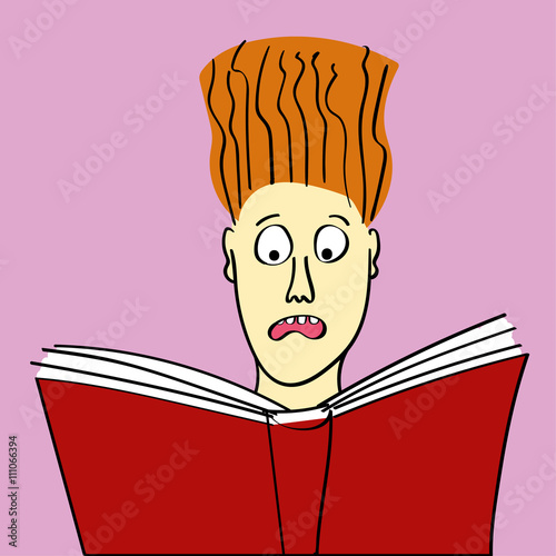 Girl or young woman reading a scary story from a book or some other subject that causes her hair to stand on end