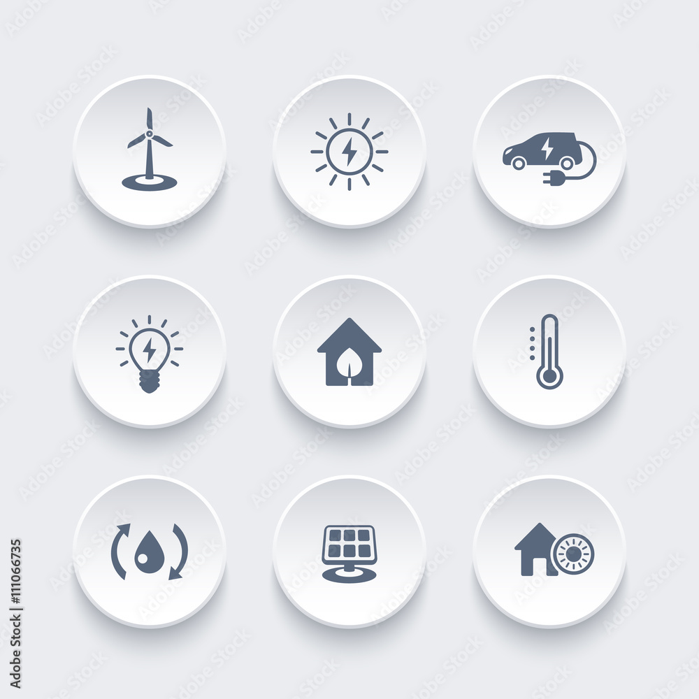 Green ecologic house, energy saving technologies icons on round 3d shapes, vector illustration Green ecologic house, energy saving technologies icons on round 3d shapes, vector illustration
