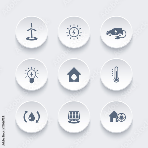 Green ecologic house, energy saving technologies icons on round 3d shapes, vector illustration