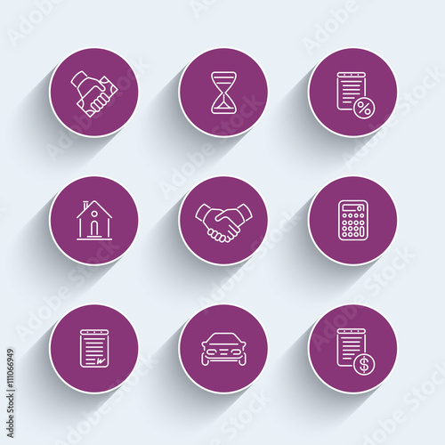 Leasing line icons, banking, loan, assets, deal, round linear pictograms set, vector illustration
