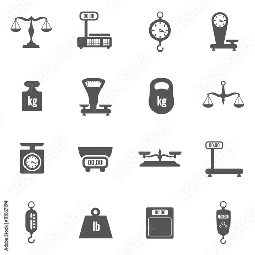 Scales, weighing, weight black vector icons set