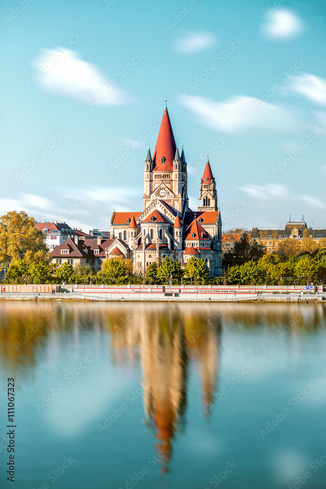 St. Francis of Assisi Church with reflection on the water in Vienna St. Francis of Assisi Church with reflection on the water in Vienna