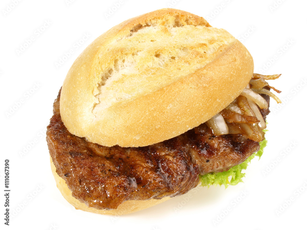 Steak im Brötchen Stock-Foto | Adobe Stock