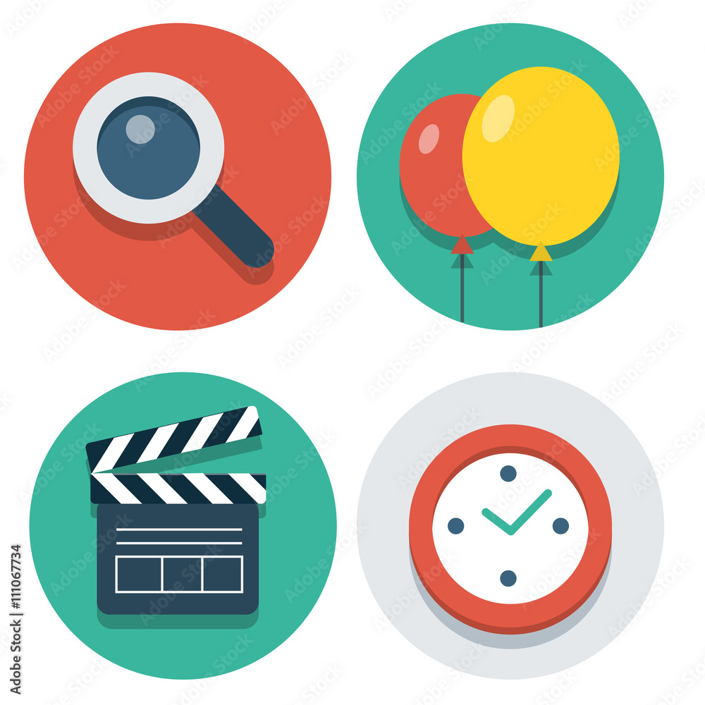 Vector flat icons magnifier, baloon, clapper and watch Vector flat icons magnifier, baloon, clapper and watch