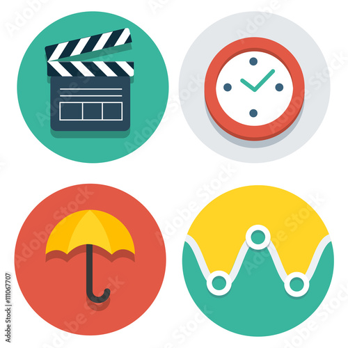 Vector flat icons clapper, watch, umbrella