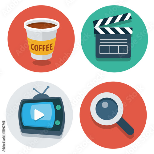 Vector flat icons coffee cup, lapper, tv, magnify