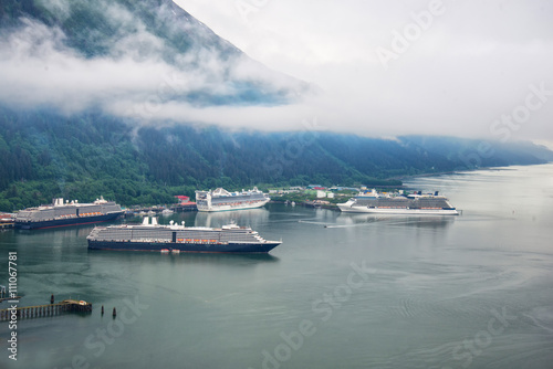 Aerial view of cruise ships at port in Juneau, Alaska with snow