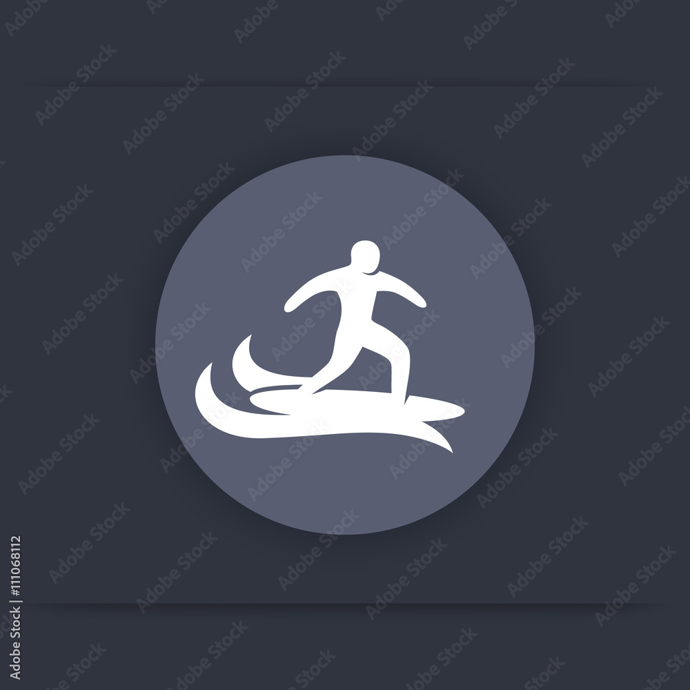 Surfer icon, surfing sign, man on surfing board round flat icon, vector illustration Surfer icon, surfing sign, man on surfing board round flat icon, vector illustration