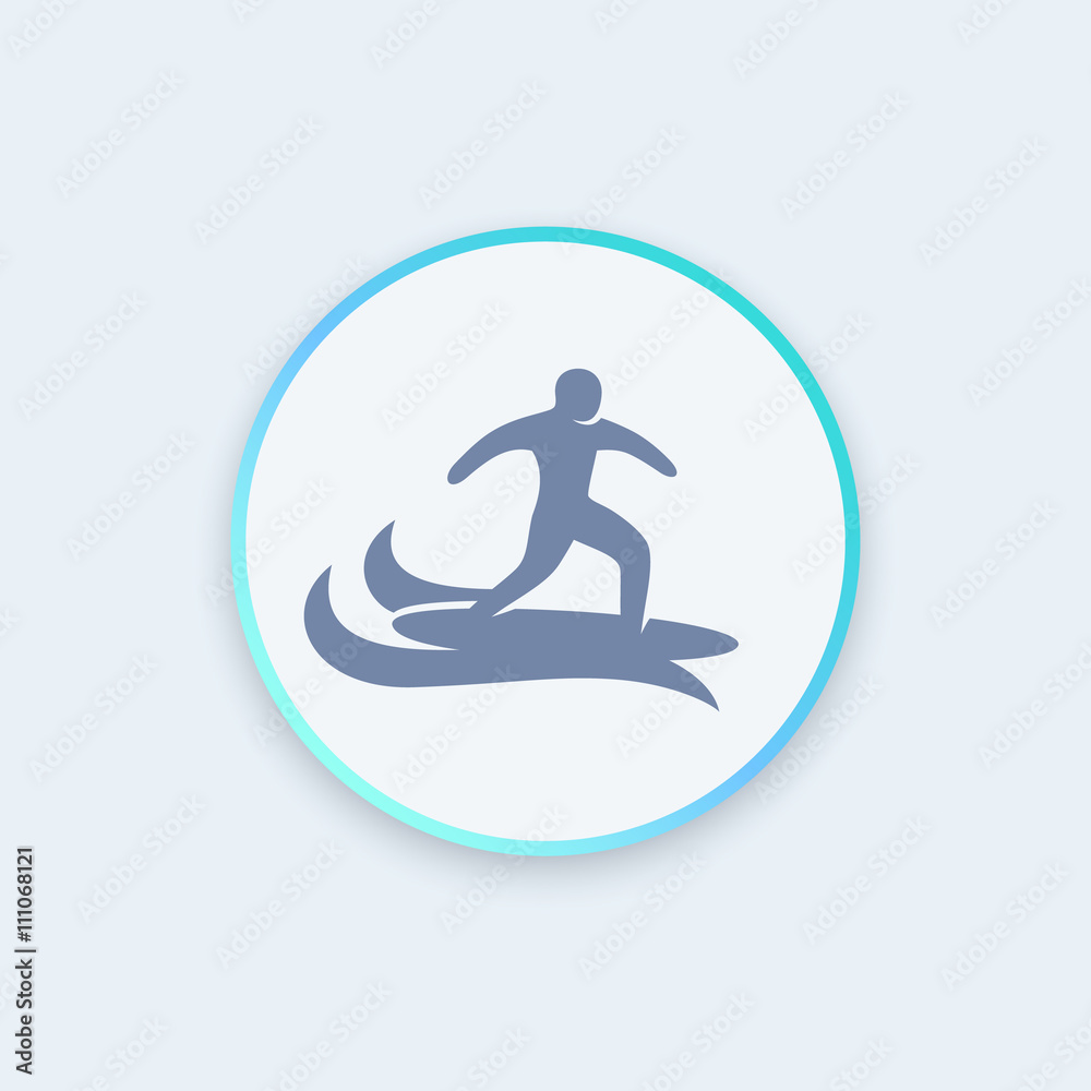 Surfer icon, surfing sign, man on surfing board round stylish pictogram, vector illustration