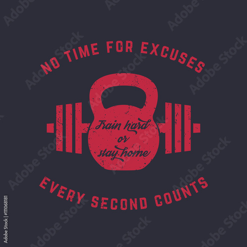 Train hard, vintage gym t-shirt design, print, kettlebell and barbell, red on dark, vector illustration