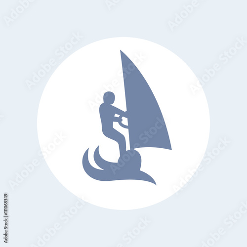 Windsurfing icon, windsurfer vector pictogram, man on board with sail icon isolated on white, vector illustration