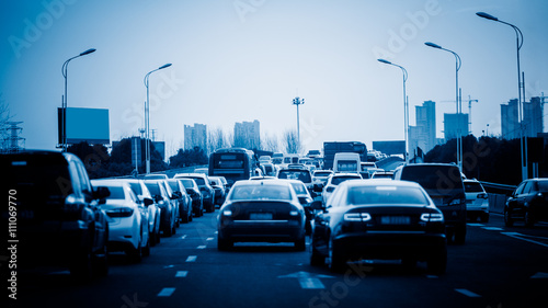 traffic jam on highway,shanghai china.blue toned image.
