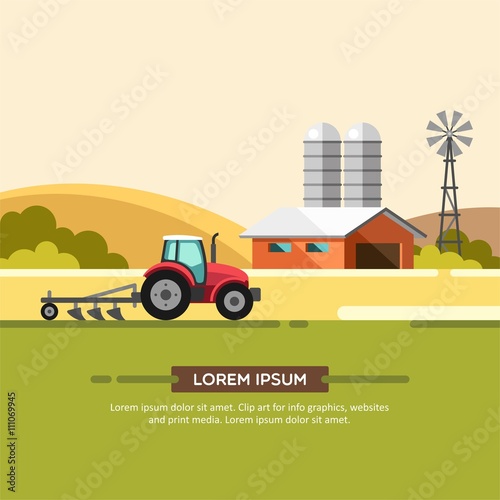Farming and agriculture background with windmill, tractor and barn. Agribusiness. Vector illustration.