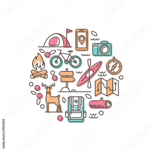Summer vacation in nature. Set of line vector icons.