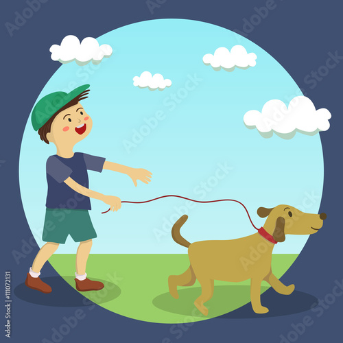 A cute little boy doing dog-walking in sunny day in garden.