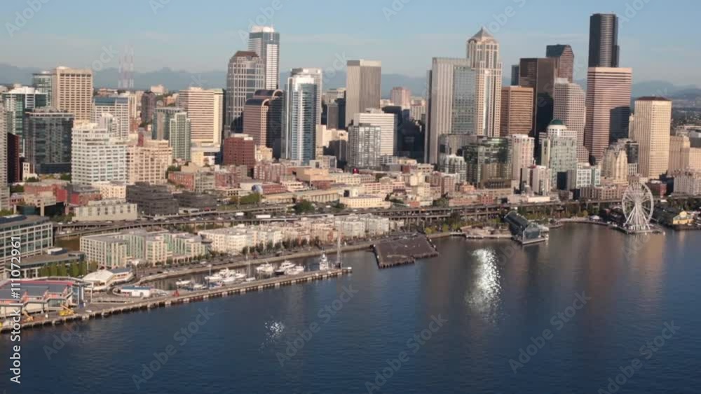 Aerial View Beautiful Seattle Downtown Waterfront Elliot Bay and Commercial District Aerial View Beautiful Seattle Downtown Waterfront Elliot Bay and Commercial District