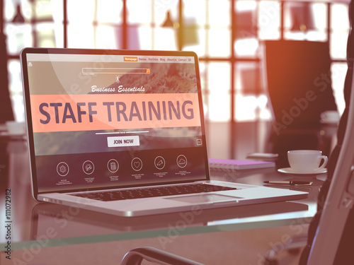 Staff Training Concept - Closeup on Laptop Screen in Modern Office Workplace. Toned Image with Selective Focus. 3D Render. photo