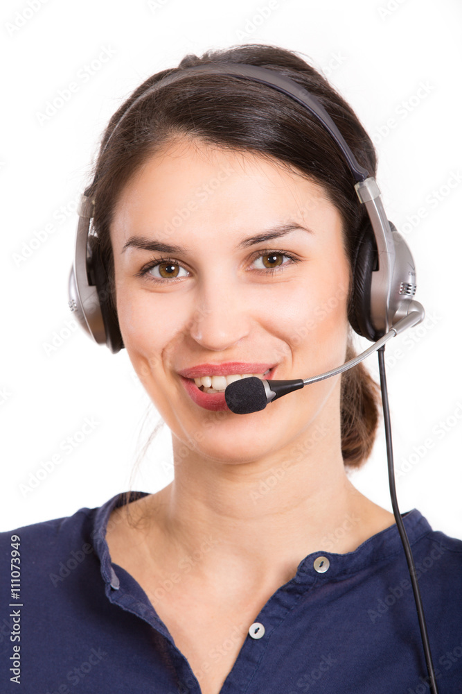 call center operator woman talking with headset on white call center operator woman talking with headset on white