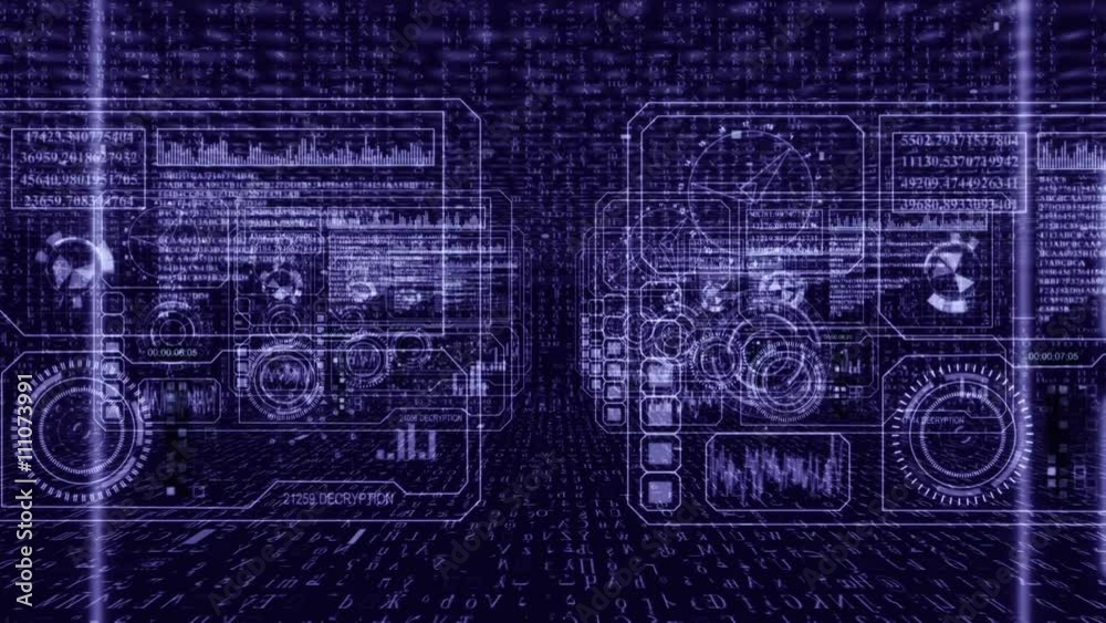 Tech computer panels.Camera zoom in trough  hud screens  looping seamless.Good for tech titles and background, news headline business intro screensaver and opener. For video screen and add stand.