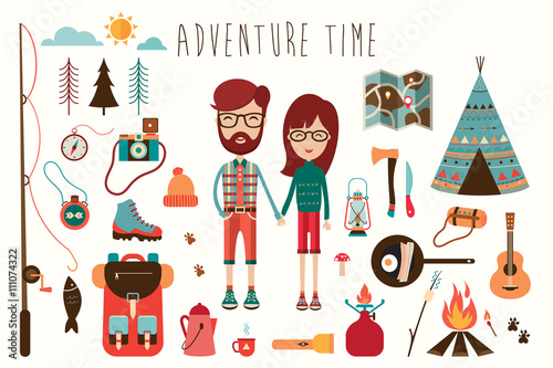 Camping elements collection with characters (flat design)
