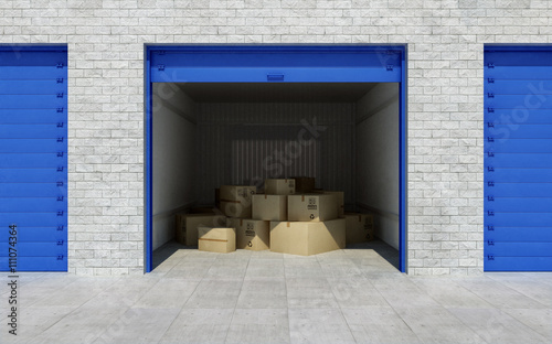 Open self storage unit full of cardboard boxes. 3d rendering photo