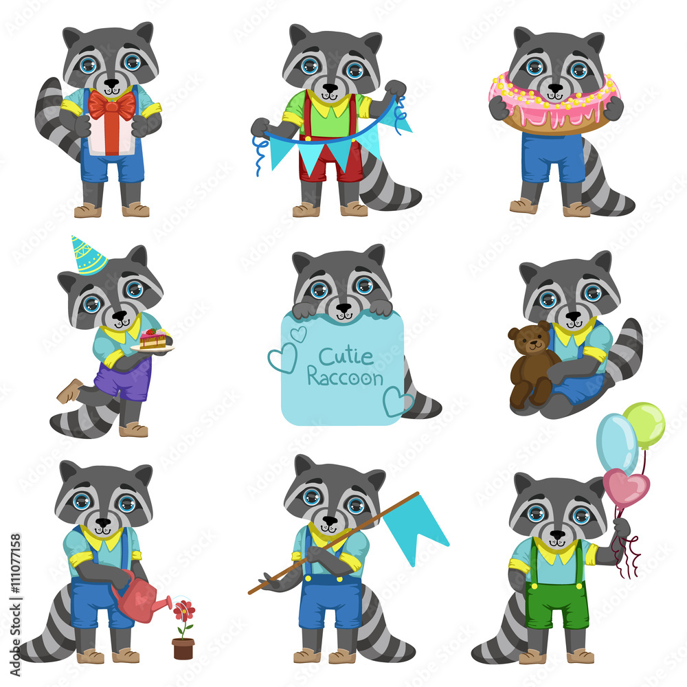 Cute Boy Raccoon Cartoon Set Cute Boy Raccoon Cartoon Set