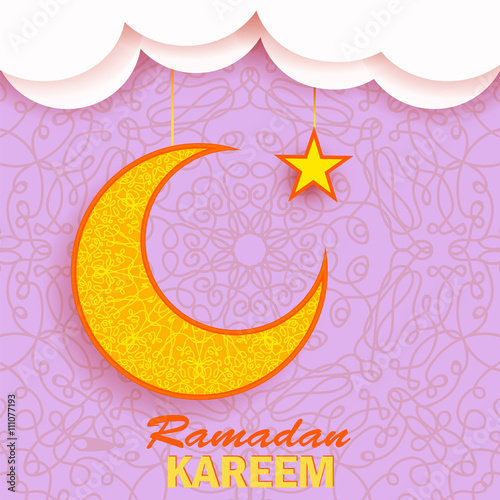 Vector Ramadan Greetings Background. Ramadan Kareem Means Ramadan the Generous Month. Ramadan Greeting Card. Yellow Moon and Yellow Star on Pink Ornamental Background