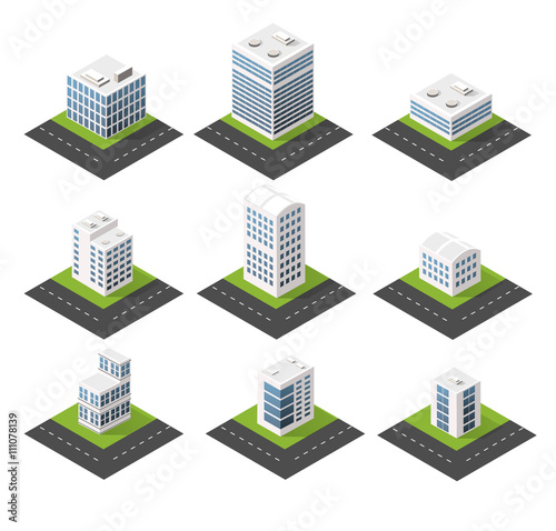 Urban isometric icons for the web with houses and streets