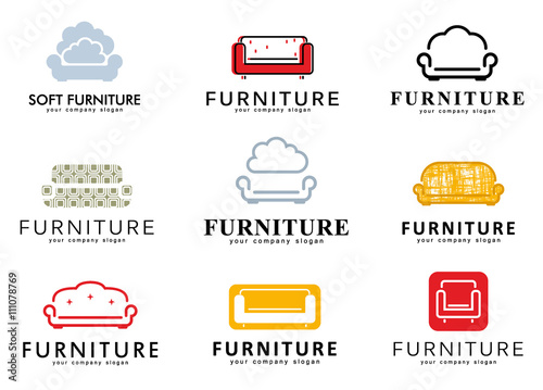 Set logo, emblem and logo elements for furniture store. Furniture logos, furniture icons, sofas, armchairs, soft furniture. Logo design in vector