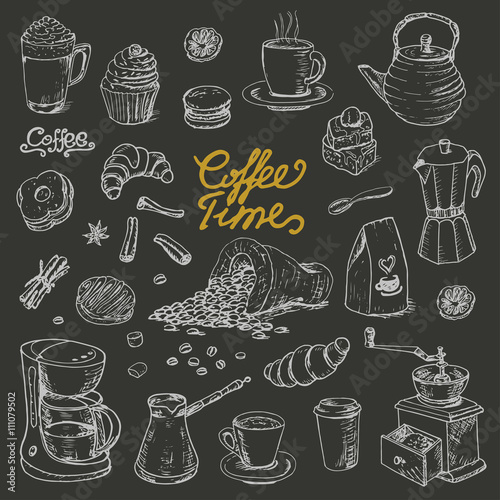 Collection of coffee doodle elements for cafe menu, fliers, chalkboard on dark background