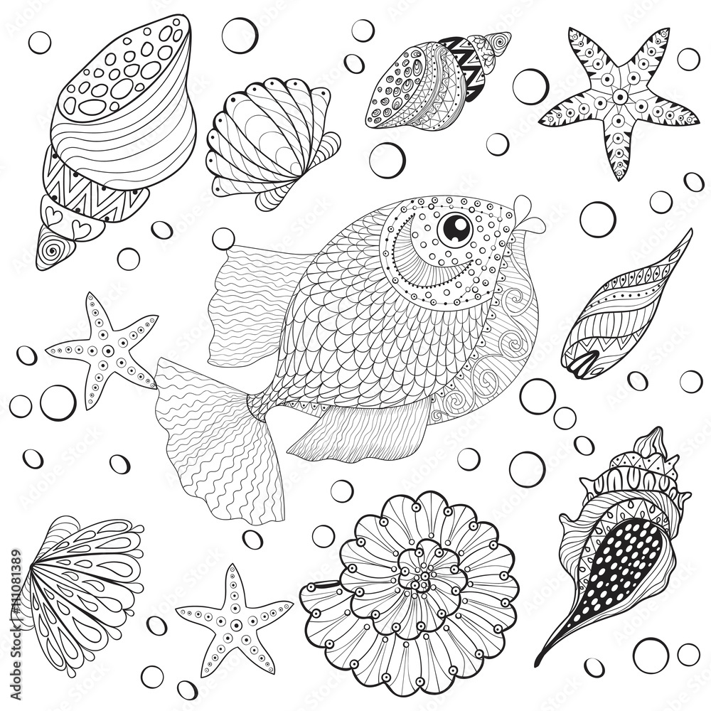 Fototapeta premium Hand drawn zentangle Fish with sea shells for adult anti stress