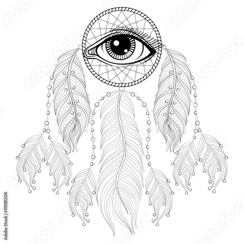 Hand drawn zentangle bohemian Dreamcatcher with Eye, Native Amer