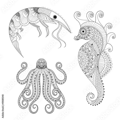 Hand drawn zentangle Shrimp, Sea Horse, Octopus for adult anti s