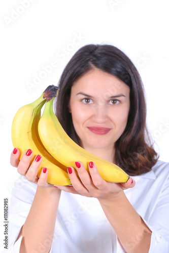 woman holding bananas isolated on white background